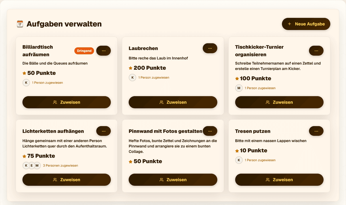 Aufgaben-Ansicht Admin